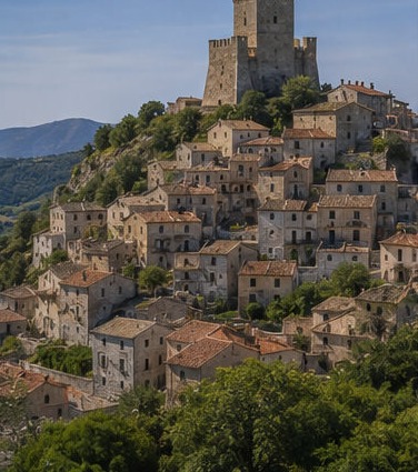 Illustration du village de Pacentro dominé par le Castello Caldora, ses toits de pierre en cascade sur la colline.