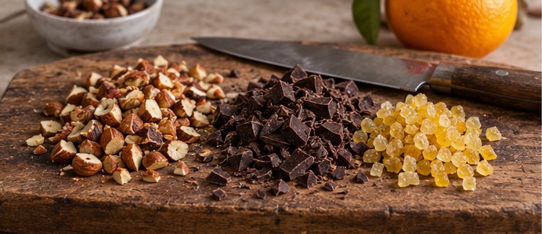 Amandes, chocolat et cédrat hachés