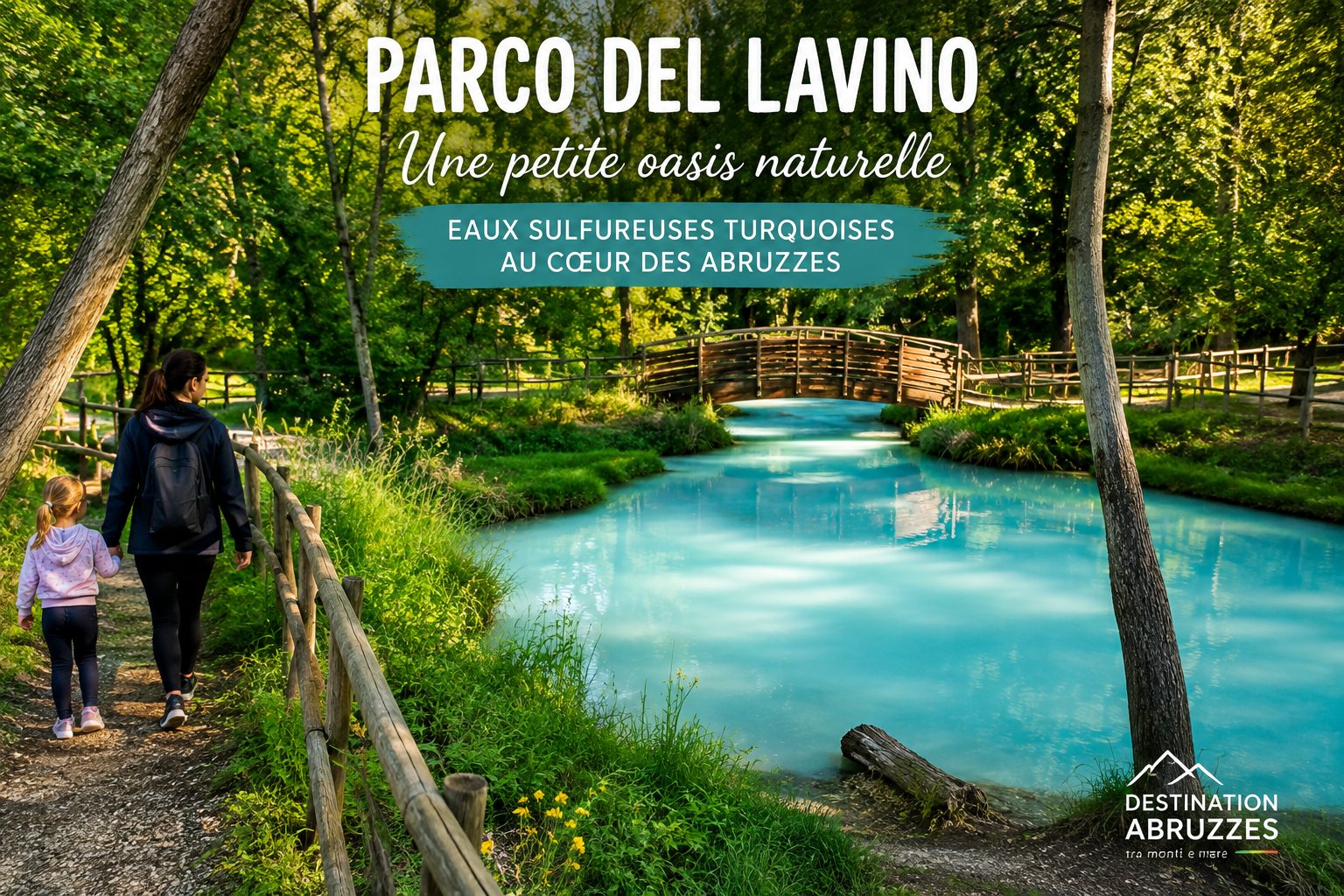 Une mère et sa fille marchent sur un chemin bordé d'une passerelle en bois, au bord de l'eau turquoise du Parco del Lavino, entourées d'arbres.