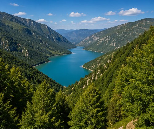 Illustration aérienne d'un lac serpentant entre les vallées boisées du Parco Nazionale d'Abruzzo, Lazio e Molise.