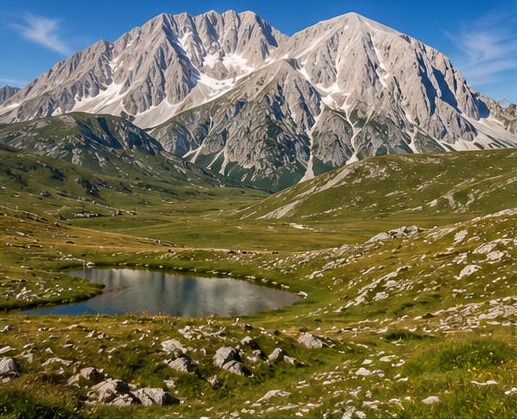 Illustration du Corno Grande dominant un petit lac de montagne entouré de prairies, dans le Parco Nazionale del Gran Sasso e Monti della Laga.