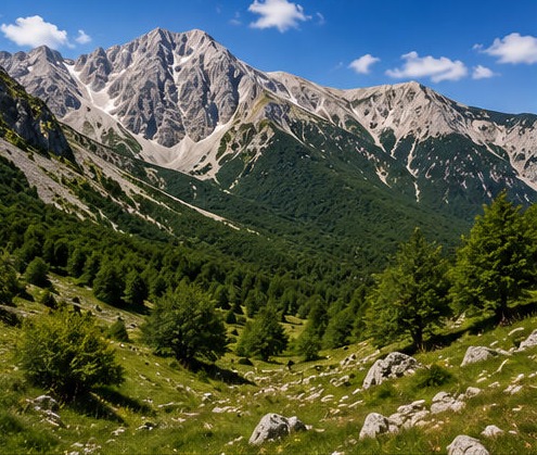 Illustration des crêtes calcaires de la Majella, vallon boisé et alpage au premier plan.