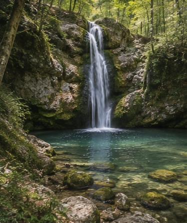 Illustration d'une petite cascade se jetant dans un bassin turquoise au Parco Sponga de Canistro, entourée de rochers moussus.