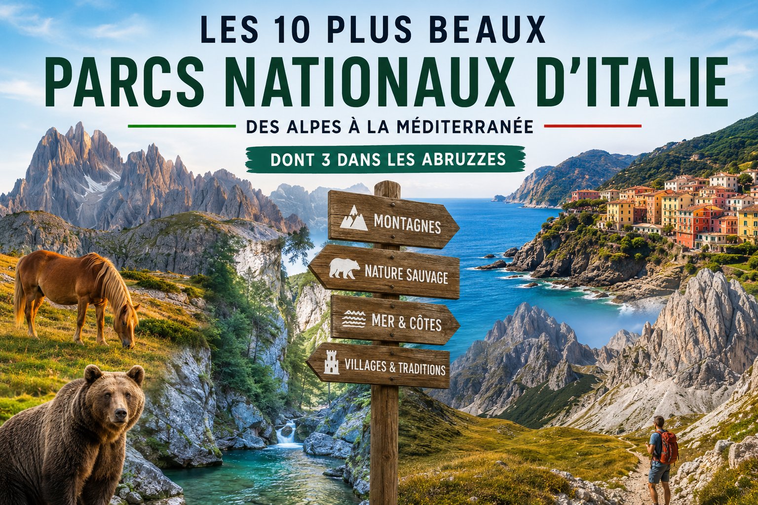 Illustration "Les 10 plus beaux parcs nationaux d'Italie, des Alpes à la Méditerranée, dont 3 dans les Abruzzes", avec un panneau directionnel (montagnes, nature sauvage, mer & côtes, villages & traditions) devant les Dolomites, des gorges, un village côtier ligure, un cheval, un ours brun et un randonneur.