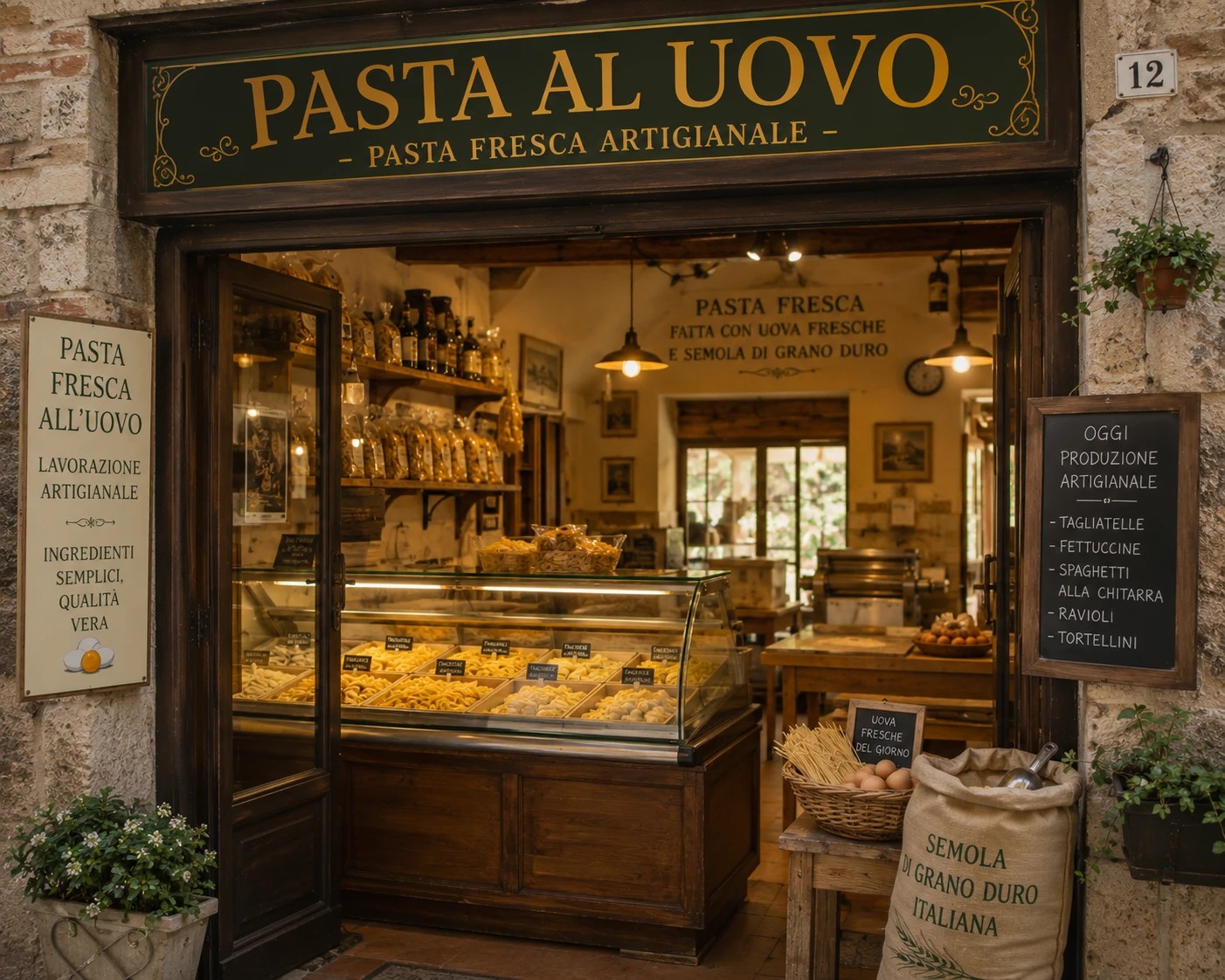 Illustration de la vitrine d'un pastificio italien, « Pasta al Uovo, pasta fresca artigianale », avec ses pâtes fraîches en vitrine et un sac de semola di grano duro.
