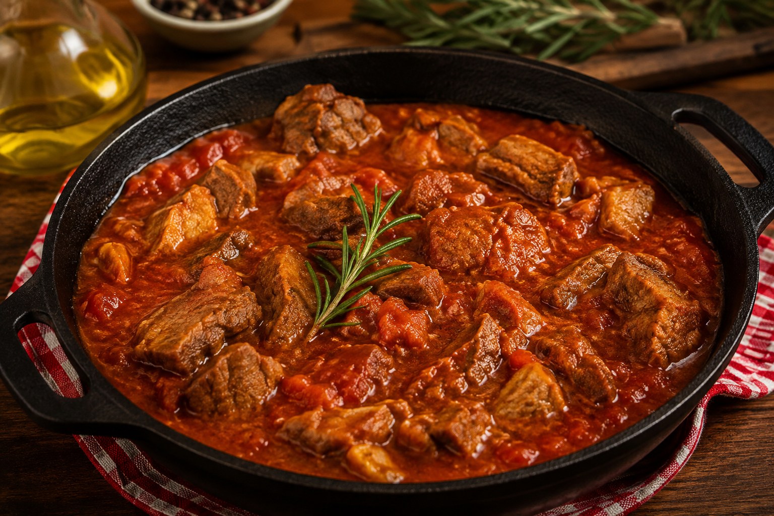 Pecora alla callara mijotée dans un plat en fonte, avec romarin, huile d'olive et poivre en grains.