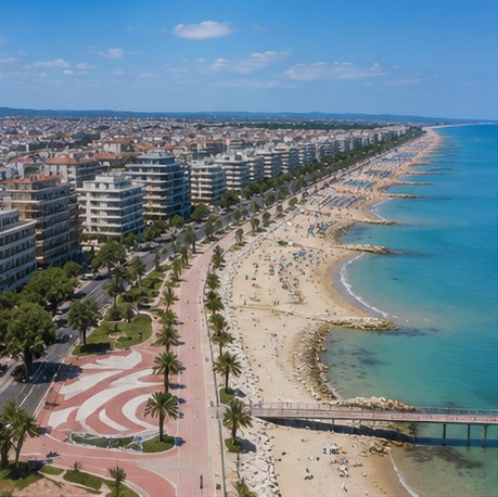Illustration aérienne du front de mer de Pescara, sa promenade bordée de palmiers, la plage et la passerelle Ponte del Mare.