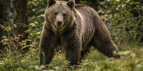 Illustration d'un ours brun marsicain dans la forêt du Parco Nazionale d'Abruzzo, Lazio e Molise, aux abords de Pescasseroli.