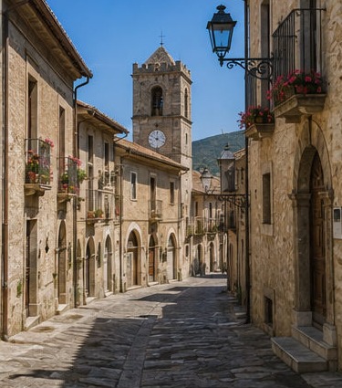 Illustration d'une ruelle de pierre de Pescocostanzo, façades de palais et campanile de la collégiale.