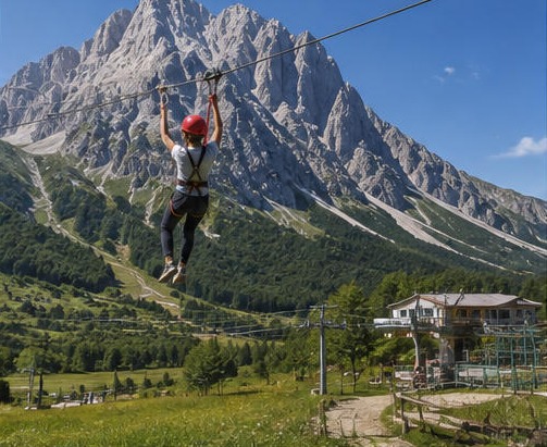Illustration d'une tyrolienne au Prati di Tivo Adventure Park, face aux aiguilles rocheuses du Corno Grande.