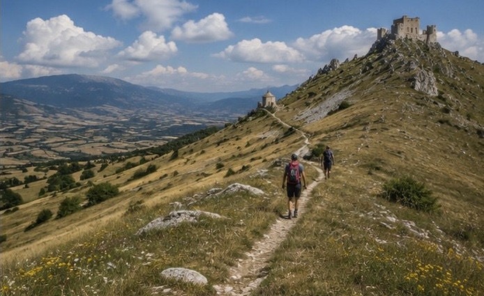 Illustration de randonneurs sur le sentier entre Santo Stefano di Sessanio et Rocca Calascio, forteresse visible au loin sur la crête.