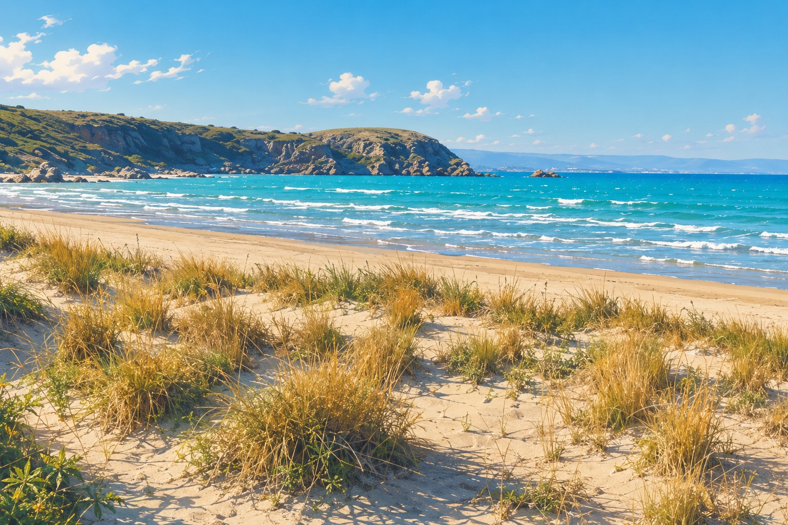 Illustration des dunes et de la plage sauvage de la Riserva di Punta Aderci, avec le promontoire au loin sur une mer turquoise.