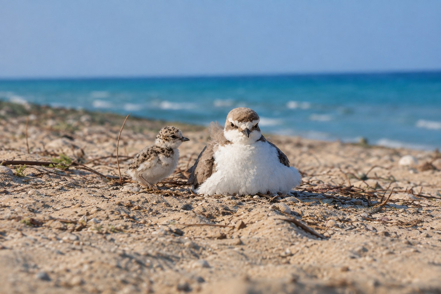 Un fratino (gravelot à collier interrompu) adulte et son poussin sur la plage de galets de la Riserva di Punta Aderci, mer Adriatique en arrière-plan.