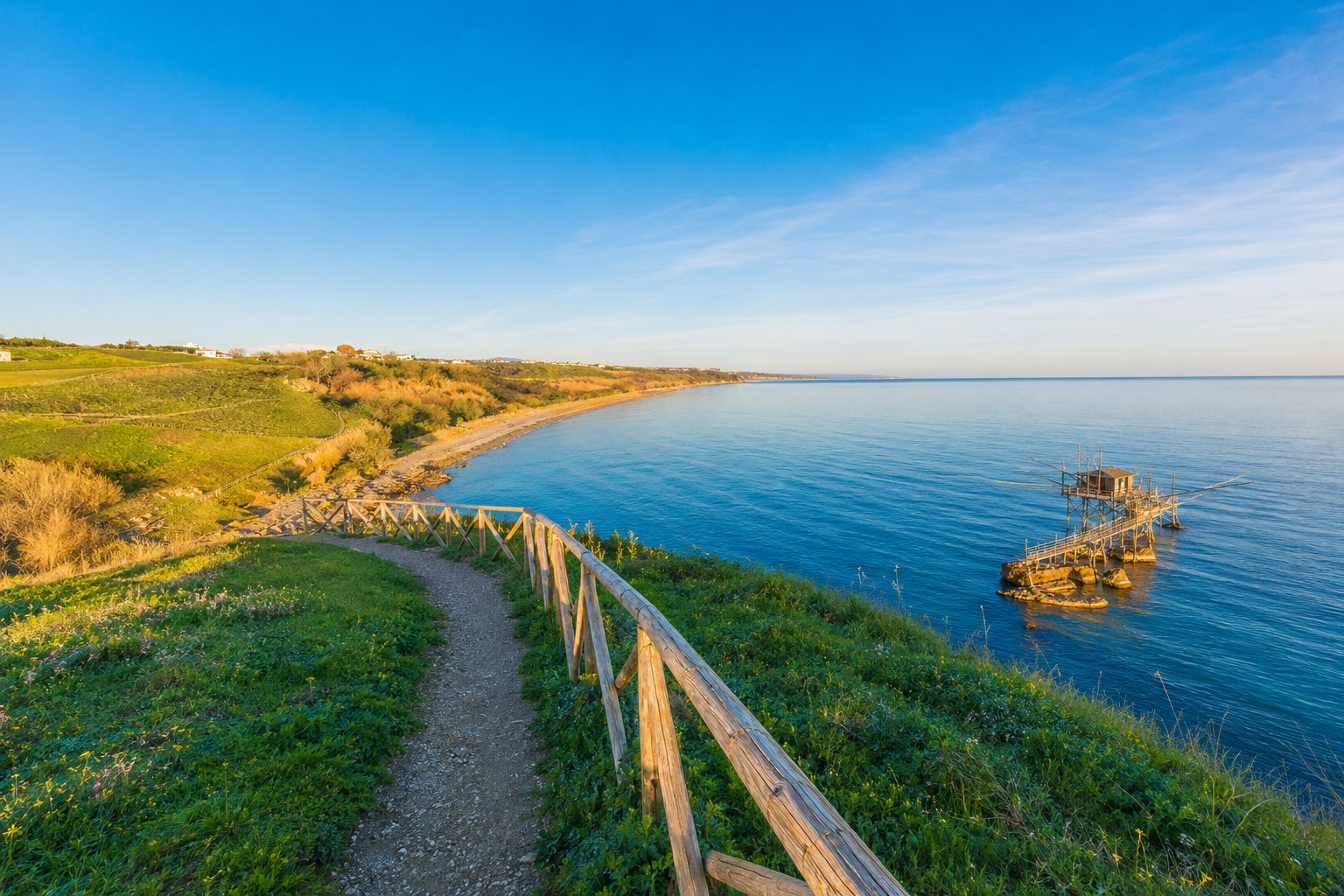 Le sentier panoramique en corniche de la Riserva di Punta Aderci, longeant la côte jusqu'à un trabocco sur pilotis au lever du soleil.