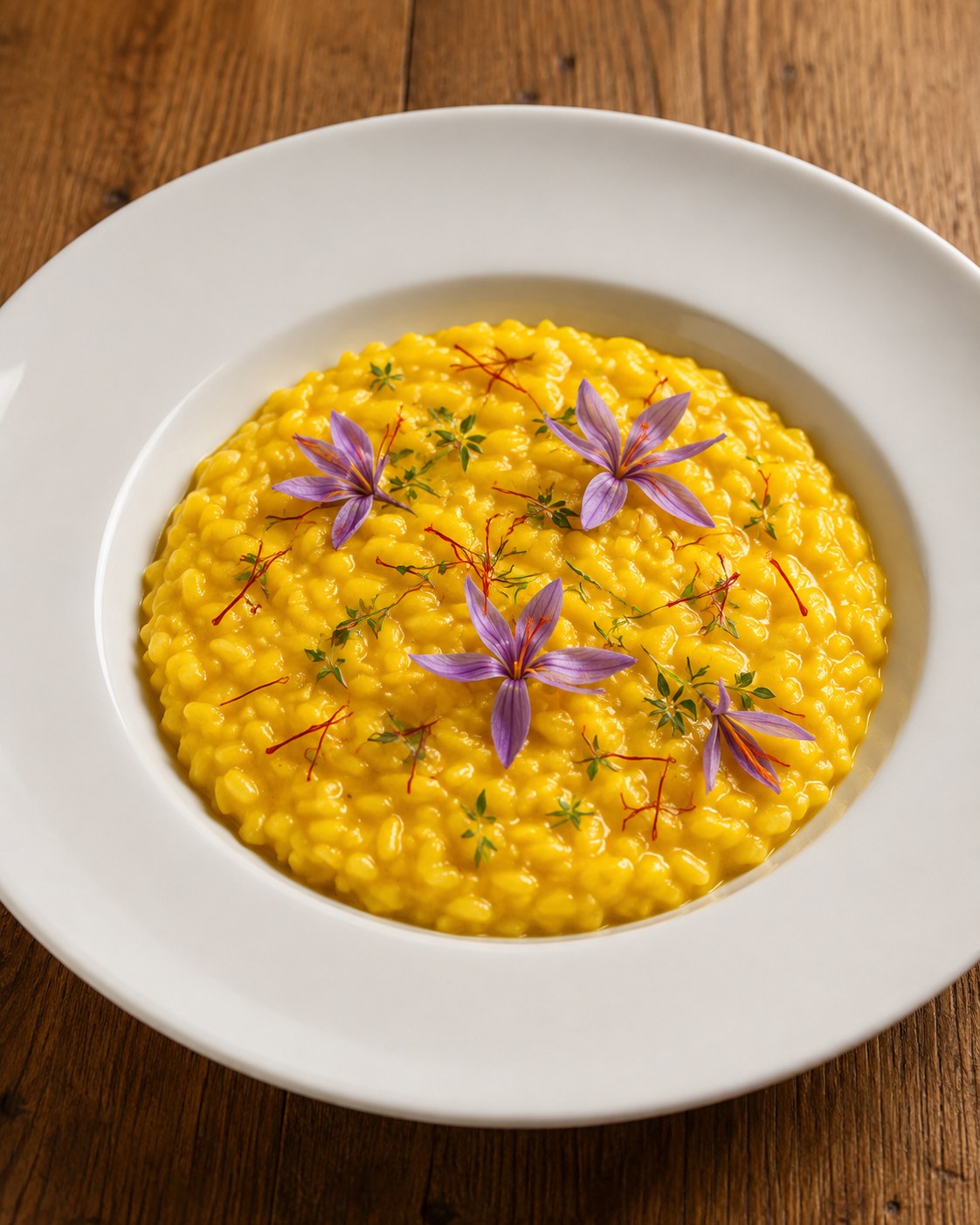 Illustration d'un risotto au safran garni de fleurs de crocus et de stigmates de safran.