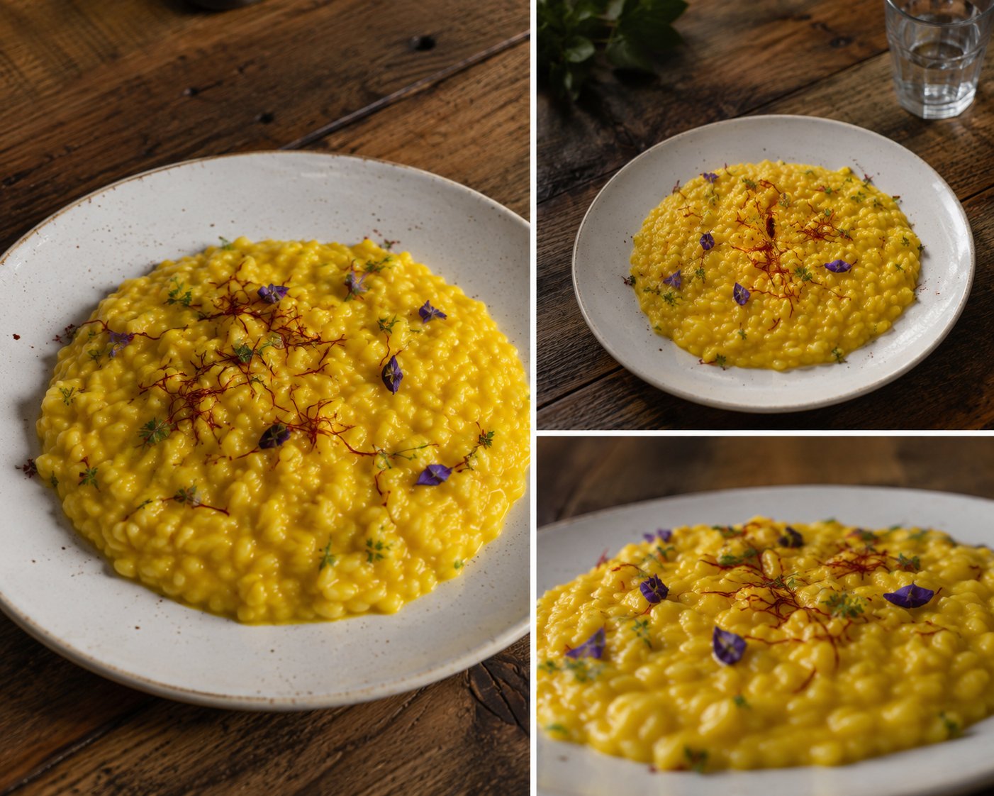 Risotto au safran servi dans une assiette blanche, filaments de safran et fleurs comestibles en décoration.