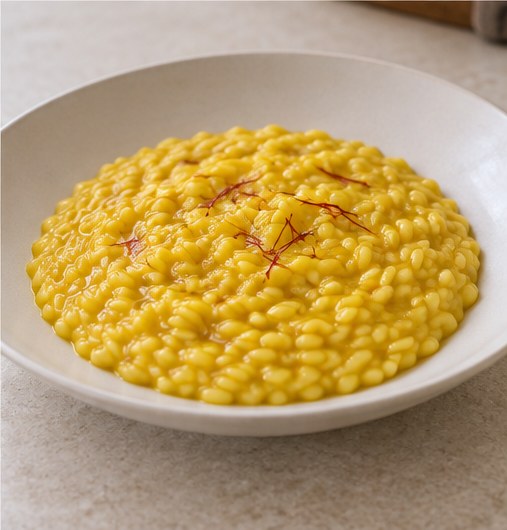 Illustration : le risotto jaune d'or servi dans une assiette creuse, où il s'étale doucement, avec quelques filaments entiers sur le dessus.