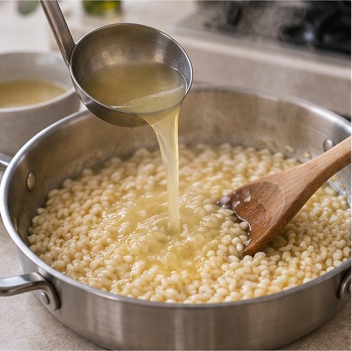 Illustration : une louche de bouillon chaud versée sur le riz, qui l'absorbe sans être noyé.