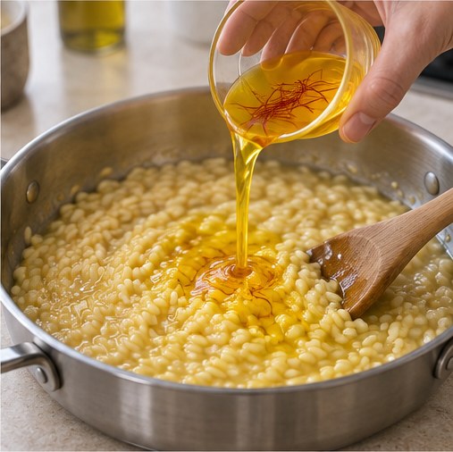 Illustration : l'infusion de safran versée sur le riz en cours de cuisson, qui prend sa couleur jaune d'or.