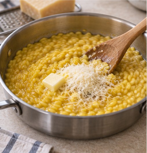 Illustration : le beurre froid en morceaux et le parmesan râpé posés sur le risotto retiré du feu, avant d'être mélangés.
