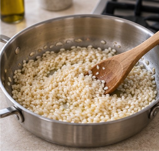 Illustration : les grains de riz remués à la cuillère en bois dans la casserole, brillants et translucides sur les bords.