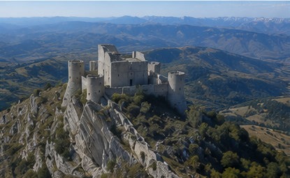 Vue aérienne de Rocca Calascio sur son piton rocheux, face aux montagnes du Sirente-Velino.