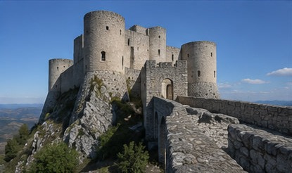 Vue aérienne de Rocca Calascio et de son sentier d'accès serpentant sur la crête.