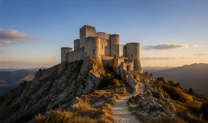 Rocca Calascio au coucher du soleil, silhouette dorée sur son promontoire.