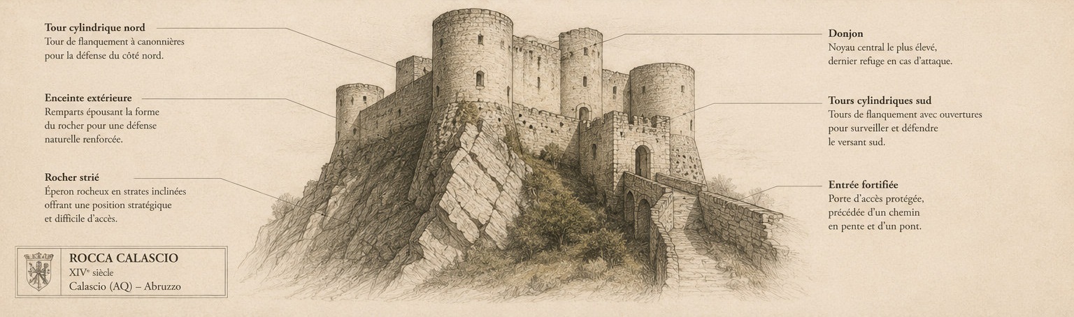 Croquis architectural annoté de Rocca Calascio, présentant la tour cylindrique nord, le donjon, l'enceinte extérieure, les tours cylindriques sud, le rocher strié et l'entrée fortifiée.