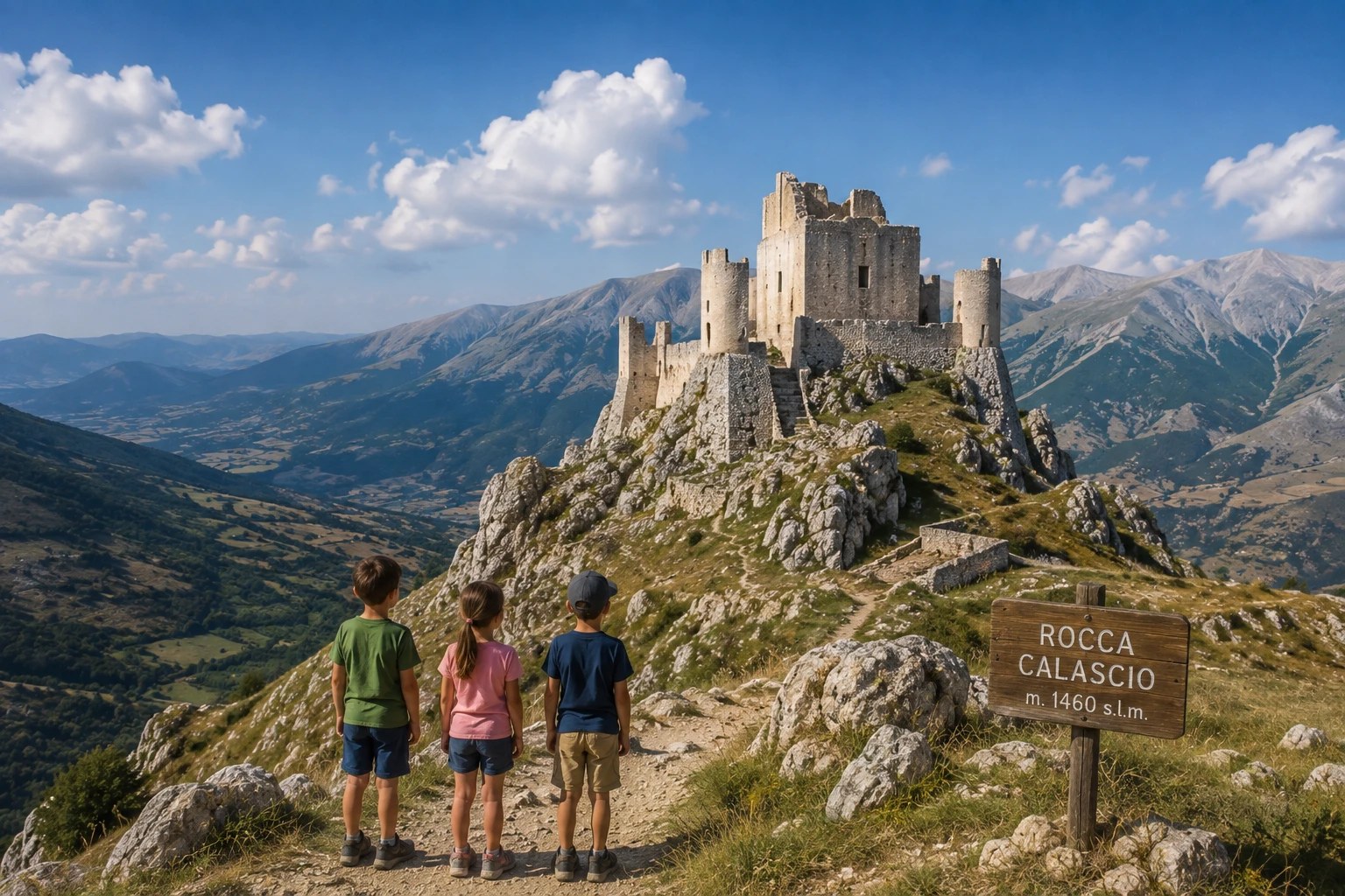 Illustration de trois enfants face à Rocca Calascio, perchée sur son éperon rocheux à 1460 m d'altitude, entourée des montagnes des Abruzzes.