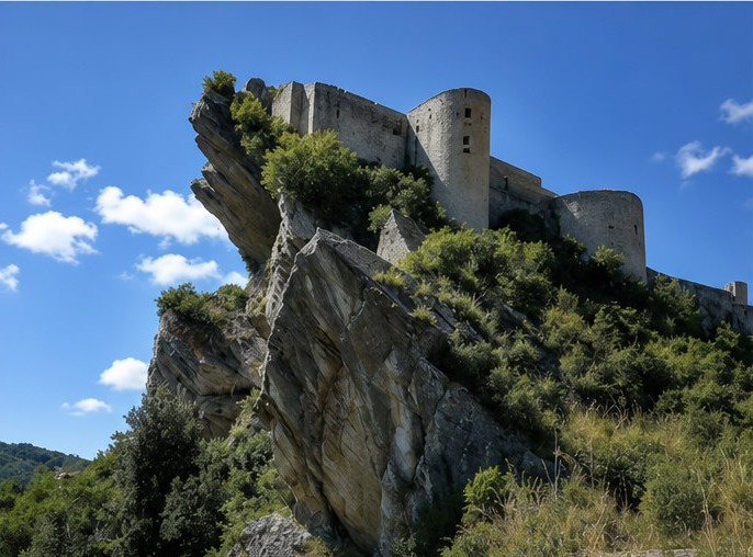 La forteresse de Rocca Calascio perchée sur son éperon rocheux, entourée de végétation.