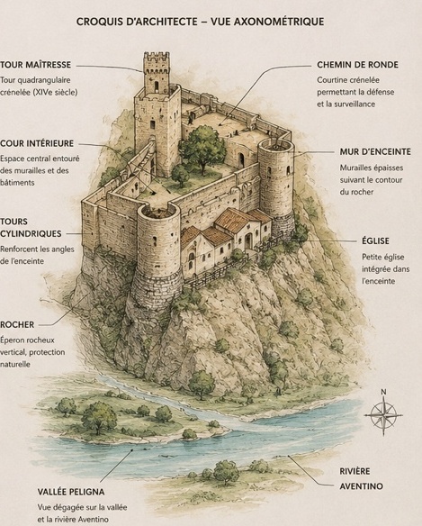 Croquis architectural annoté du Castello di Roccascalegna, présentant la tour maîtresse, le chemin de ronde, la cour intérieure, le mur d'enceinte, les tours cylindriques, l'église et l'éperon rocheux dominant la rivière Aventino.