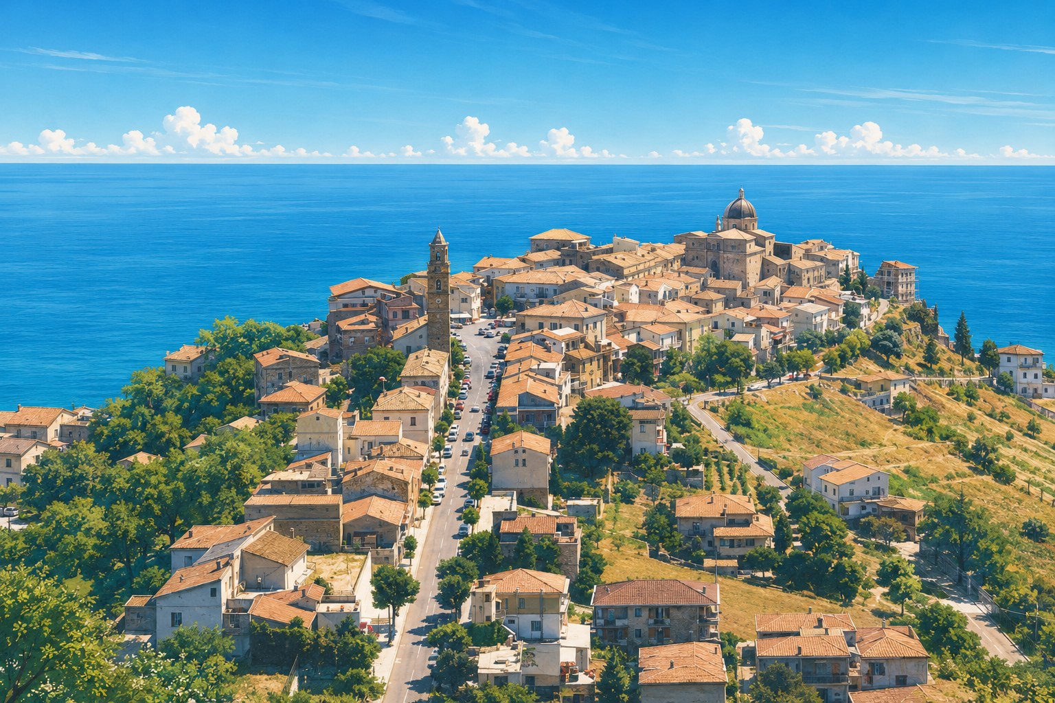Illustration de Montepagano, le noyau médiéval de Roseto degli Abruzzi : village perché sur une colline dominant la mer, clocher et coupole au milieu des toits en tuiles.
