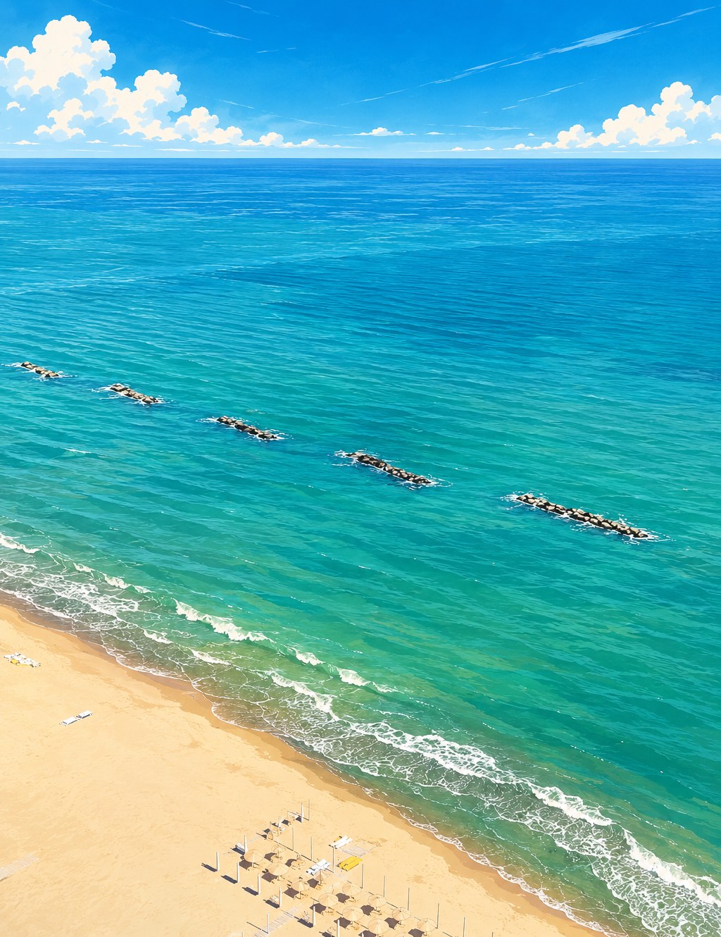 Illustration aérienne de la plage de Roseto degli Abruzzi : sable fin, mer turquoise et brise-lames alignés au large, avec des rangées de parasols sur le sable.