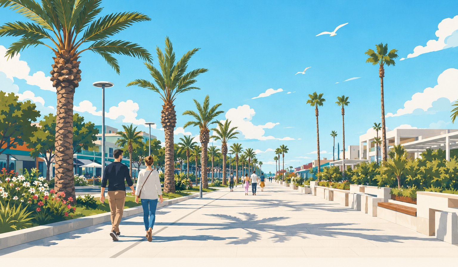 Illustration du front de mer de Roseto degli Abruzzi : une allée piétonne bordée de palmiers, de massifs fleuris et de bancs, avec un couple qui s'y promène.