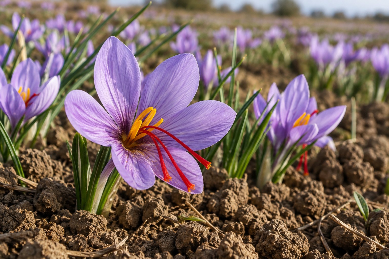 Illustration : un champ de Crocus sativus en fleur, aux pétales mauves ; au premier plan, les trois stigmates rouges et les étamines jaunes sont bien visibles.