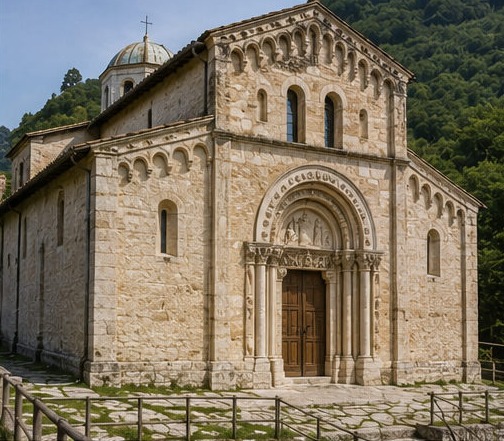 Illustration de la façade romane sculptée de l'abbaye San Clemente a Casauria.