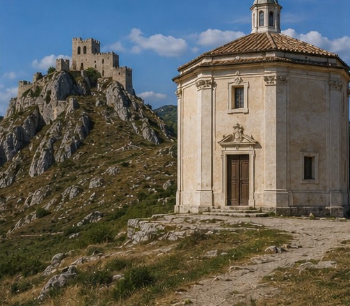 Illustration de l'église octogonale Santa Maria della Pietà, avec la forteresse de Rocca Calascio perchée sur son piton rocheux en arrière-plan.