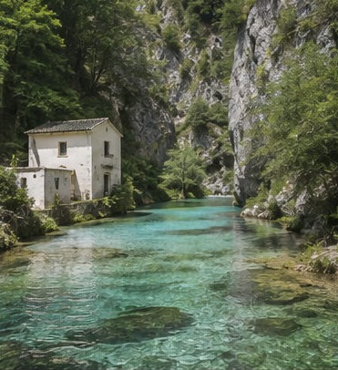 Illustration des Sorgenti del Pescara : petite maison de pierre au bord d'une eau turquoise limpide, encadrée de falaises rocheuses.