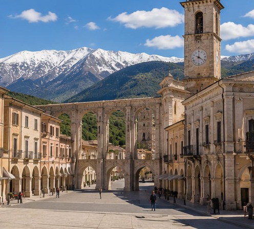 Illustration de la place centrale de Sulmona, avec son aqueduc médiéval et son beffroi, face aux montagnes enneigées de la Majella.