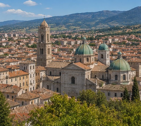 Illustration du panorama sur Teramo, sa cathédrale aux dômes verts et son campanile, face aux montagnes du Gran Sasso e Monti della Laga.