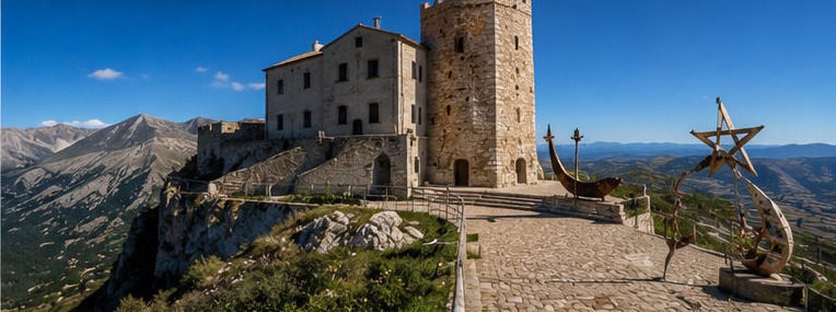 Illustration de la Torre delle Stelle à Aielli, tour médiévale et bâtiment attenant, face aux montagnes.