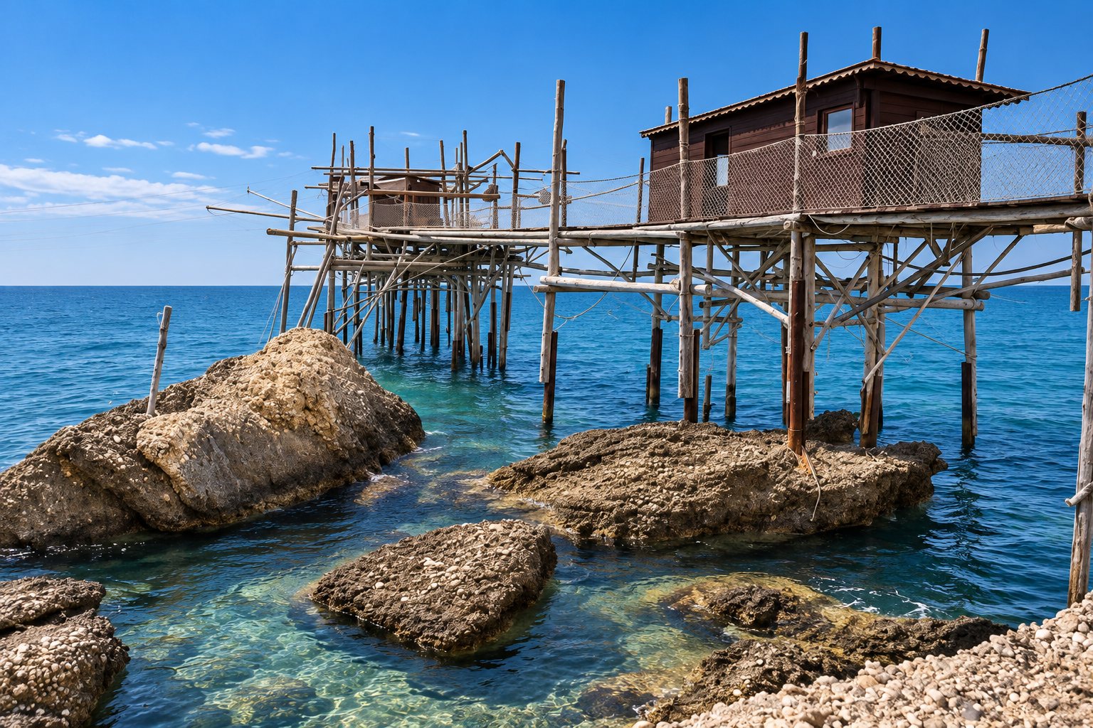 Illustration d'un trabocco de Rocca San Giovanni : passerelle sur pilotis et cabane en bois au-dessus des rochers et d'une eau turquoise.