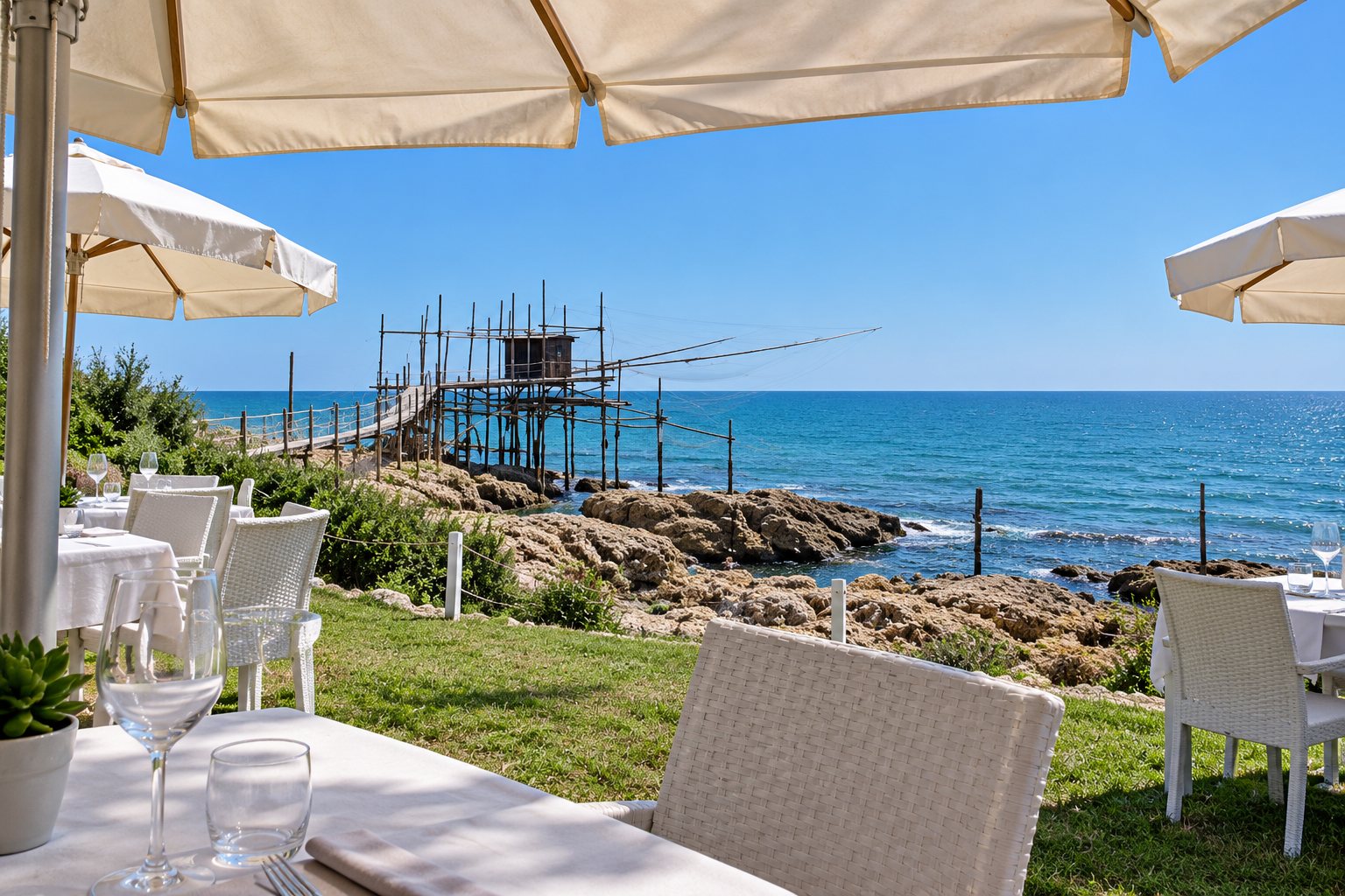 Le Trabocco Punta San Nicola à Vasto, vu depuis une terrasse de restaurant sous les parasols, au-dessus des rochers et de la mer.