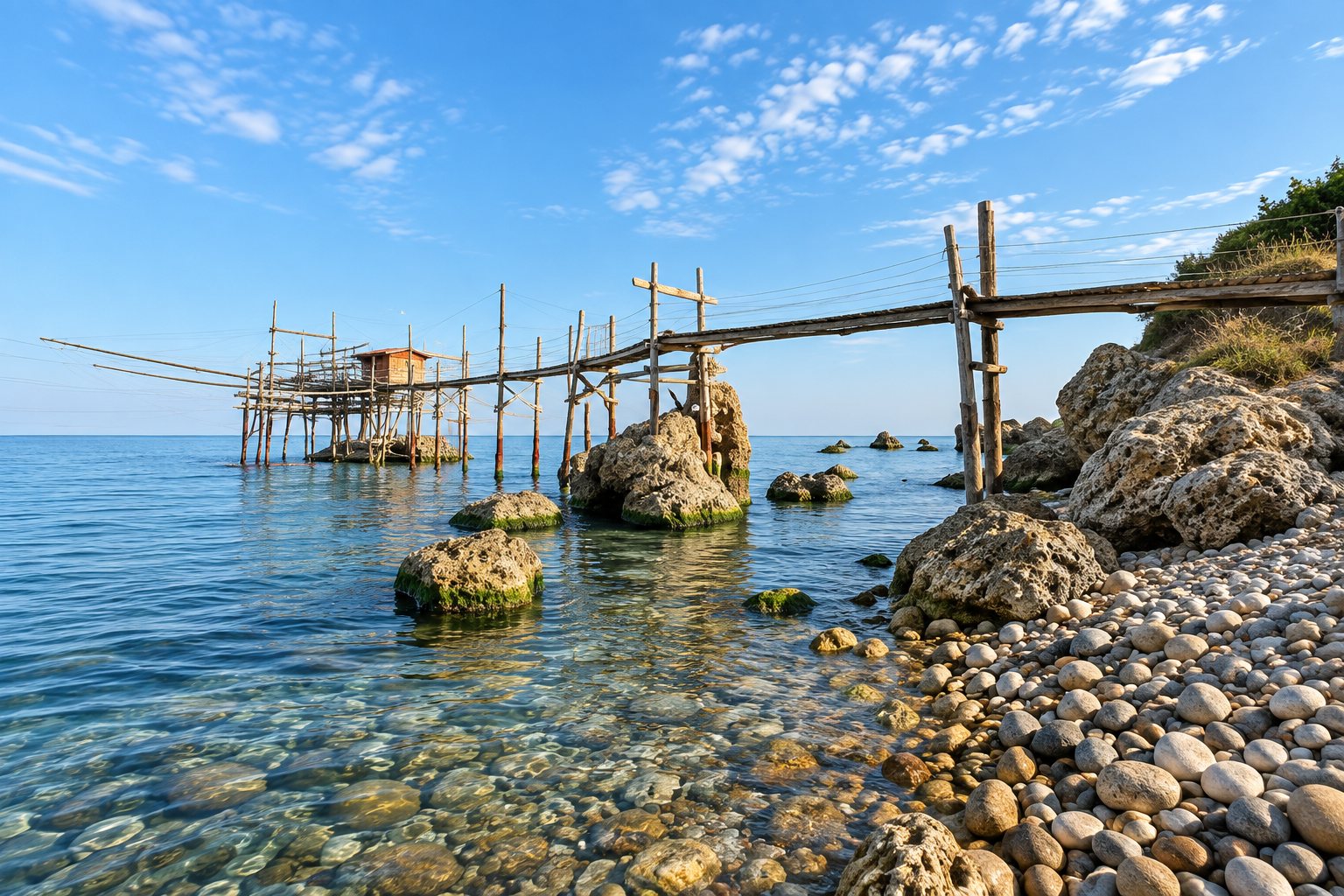 Illustration du Trabocco di Punta Vignola à Vasto : sa longue passerelle sur pilotis au-dessus des rochers, depuis une plage de galets.