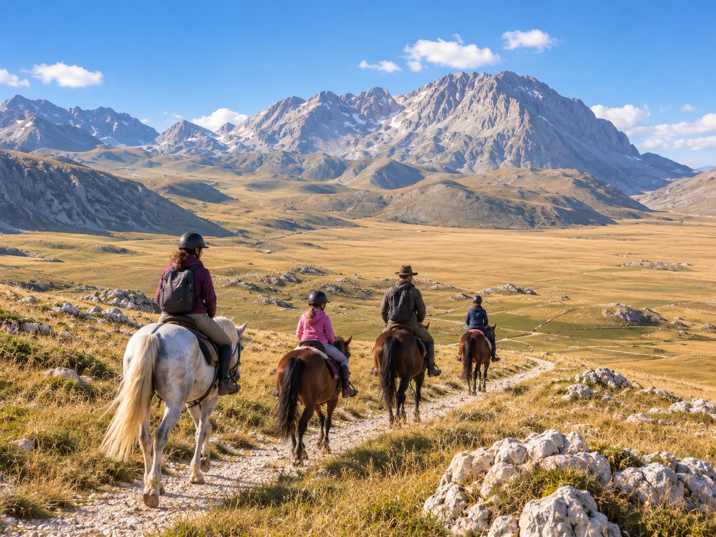 Illustration : quatre cavaliers, dont un enfant, s'éloignent sur un sentier de l'altiplano de Campo Imperatore, face aux crêtes calcaires du Gran Sasso.