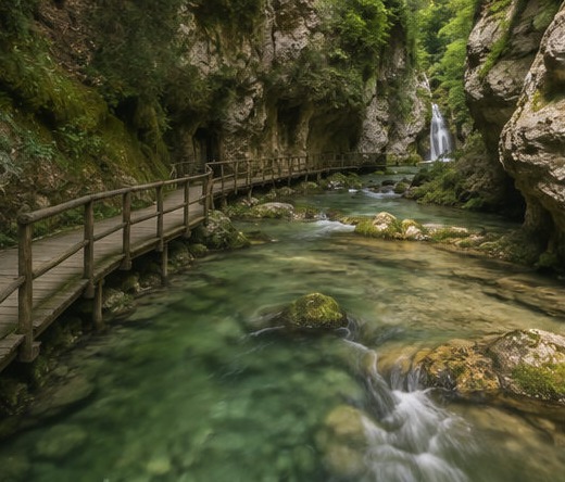 Illustration d'une passerelle en bois longeant la rivière turquoise de la Valle dell'Orfento, encaissée entre les parois rocheuses.