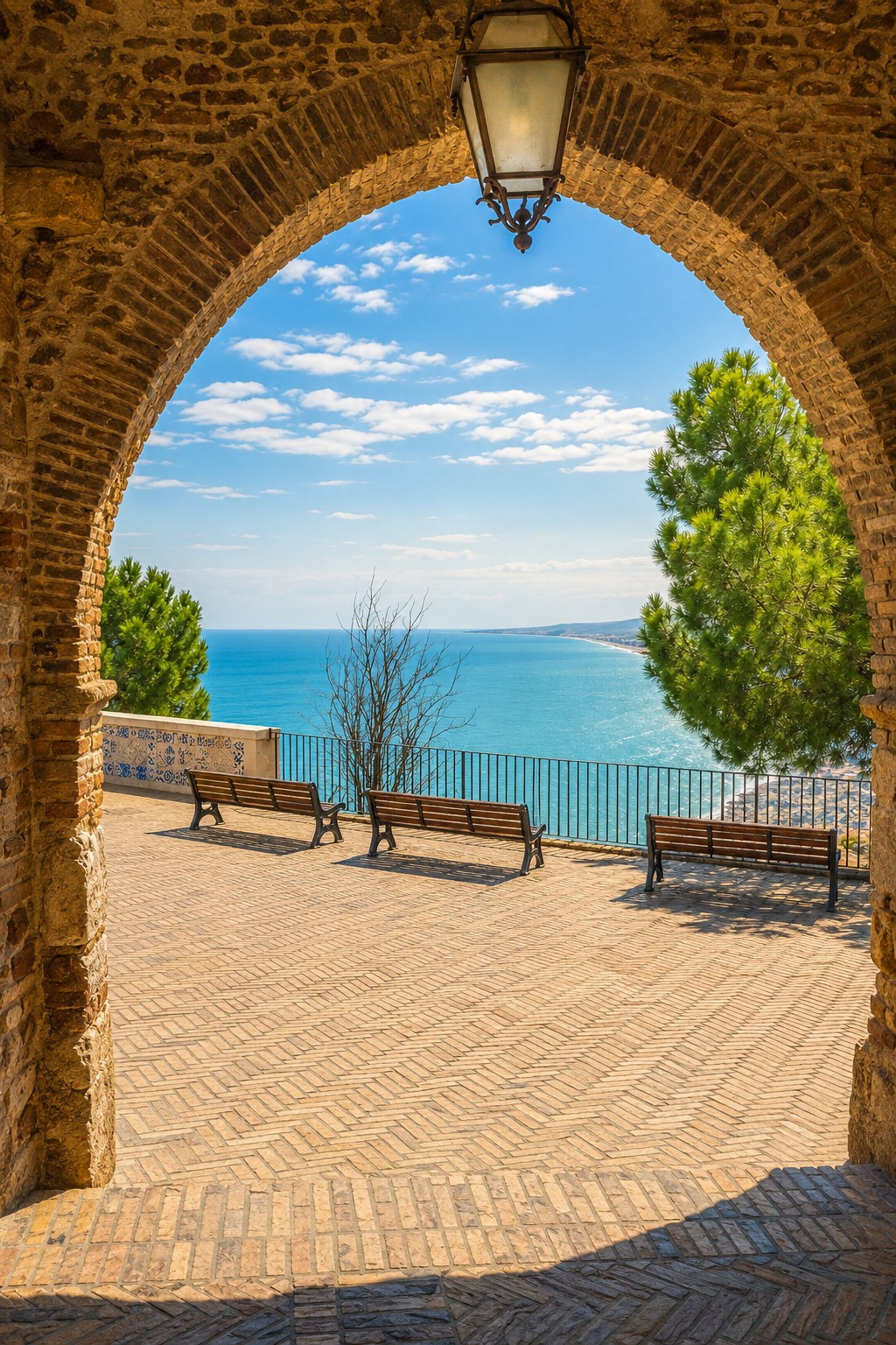 Le Belvedere de Vasto vu depuis une arcade en brique : bancs, pins et vue dégagée sur la baie et la côte adriatique.