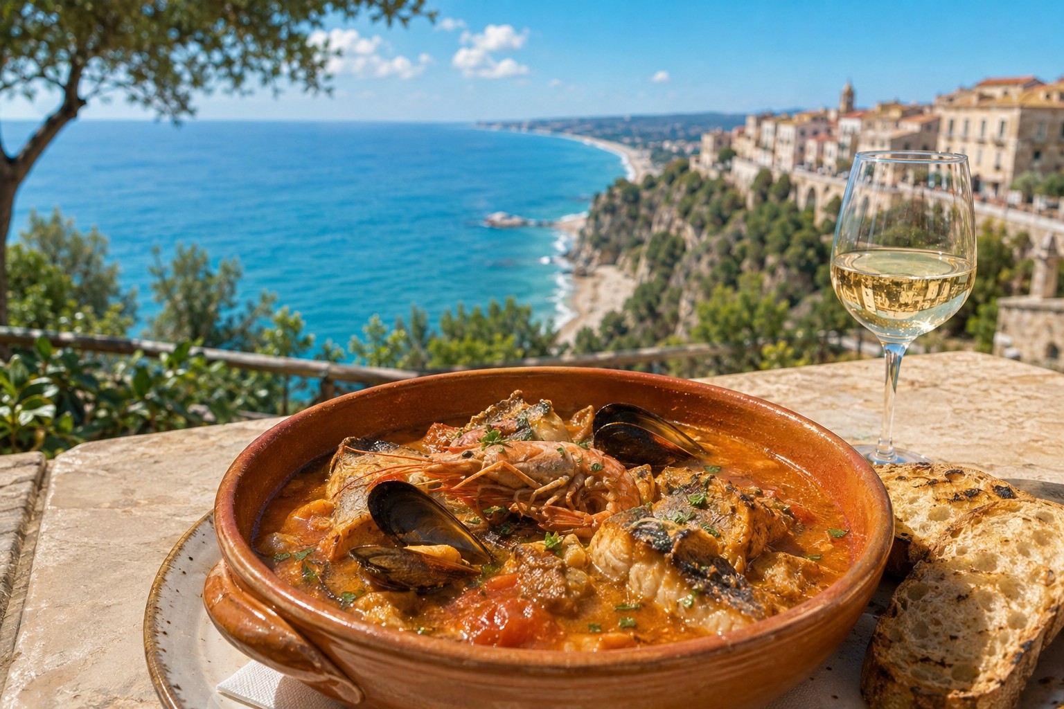 Brodetto alla vastese servi en terrasse avec vue sur la baie et Vasto alta perchée sur son promontoire, verre de vin blanc et pain grillé.