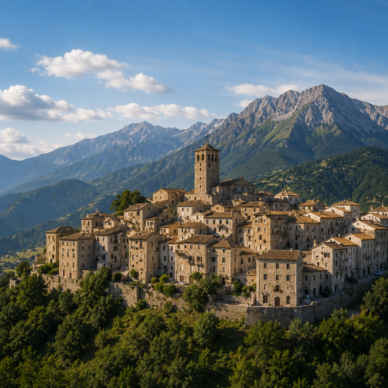 Village perché des Abruzzes au coucher du soleil